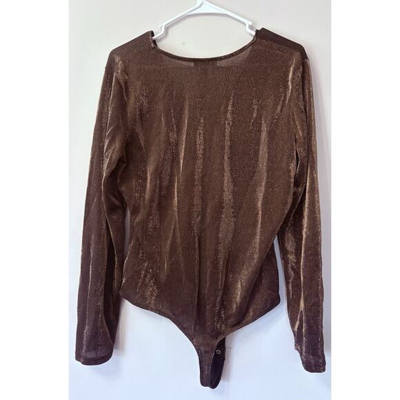 Express Metallic Brown Deep V-Neck Long Sleeve Bodysuit – Size XL, Party Top - Picture 4 of 5